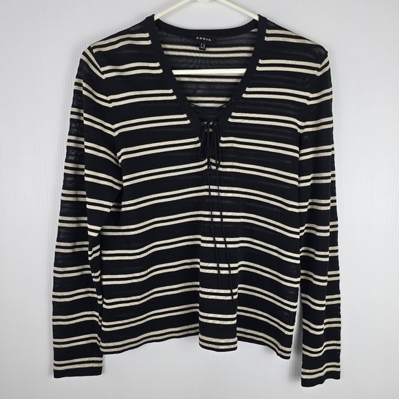 Akris Sweaters - Akris Womens Cotton Silk Black Tan Striped Long Sleeve V Neck Lace Up Sweater 12